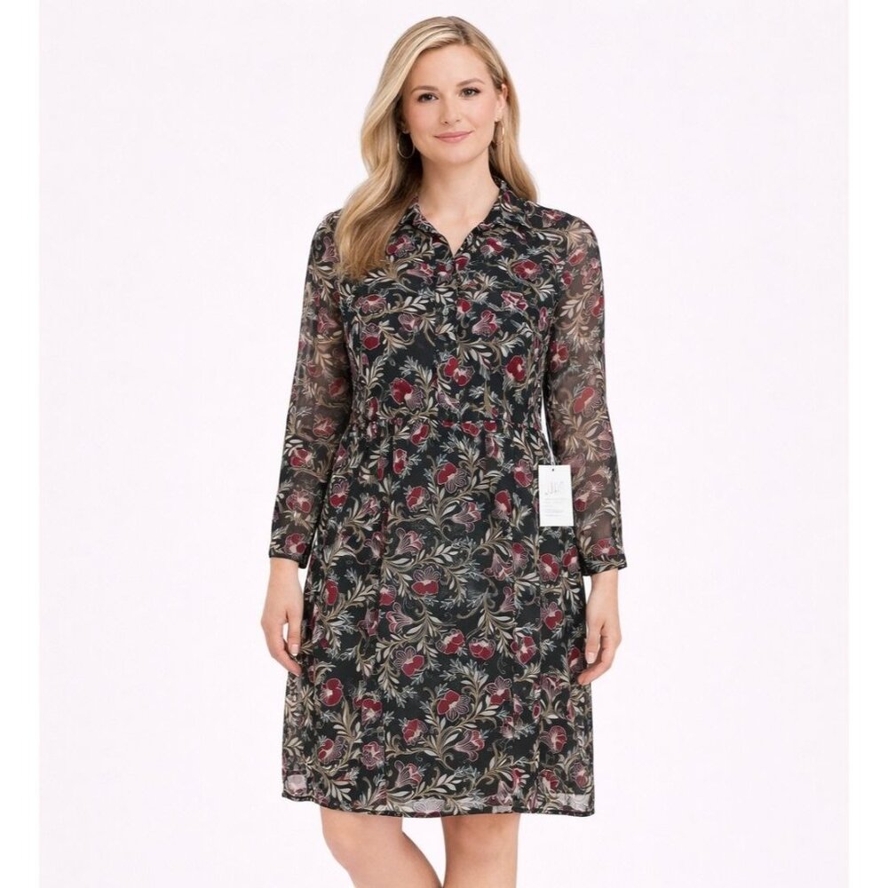 NEW J Jill Medium Petite Chiffon Floral Dress Sheer Overlay Lined Fall Boho